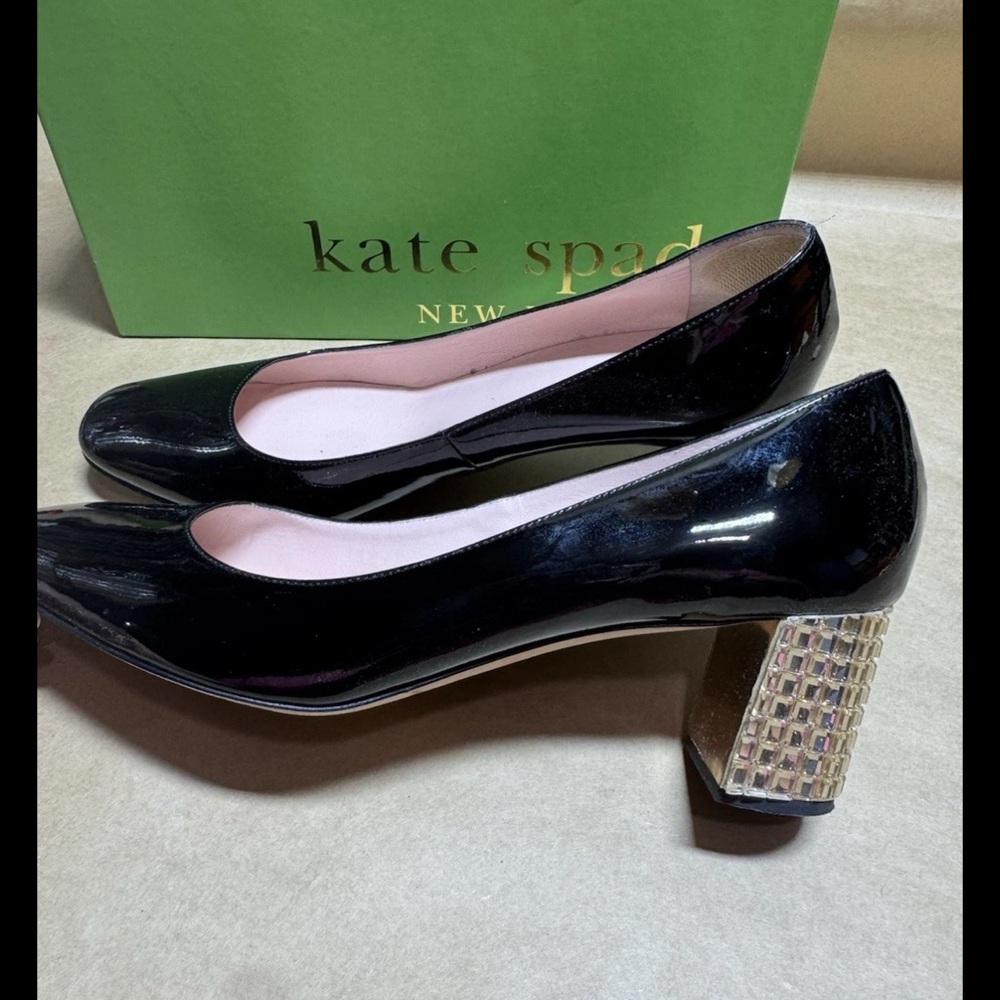 Kate Spade Danika Too Heels 10M Black Patent Leather Crystal Block Heel